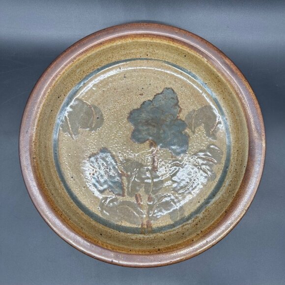Handcrafted Art Pottery Pie Plate Floral Botanical Earth Tones Brown Green - Picture 2 of 8